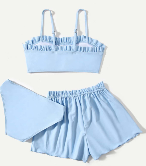 アマゾン欧米2024新型子供の純色のハスの葉の縁の分体の水着の夏の大きい女の子の水着の3つのセット|undefined