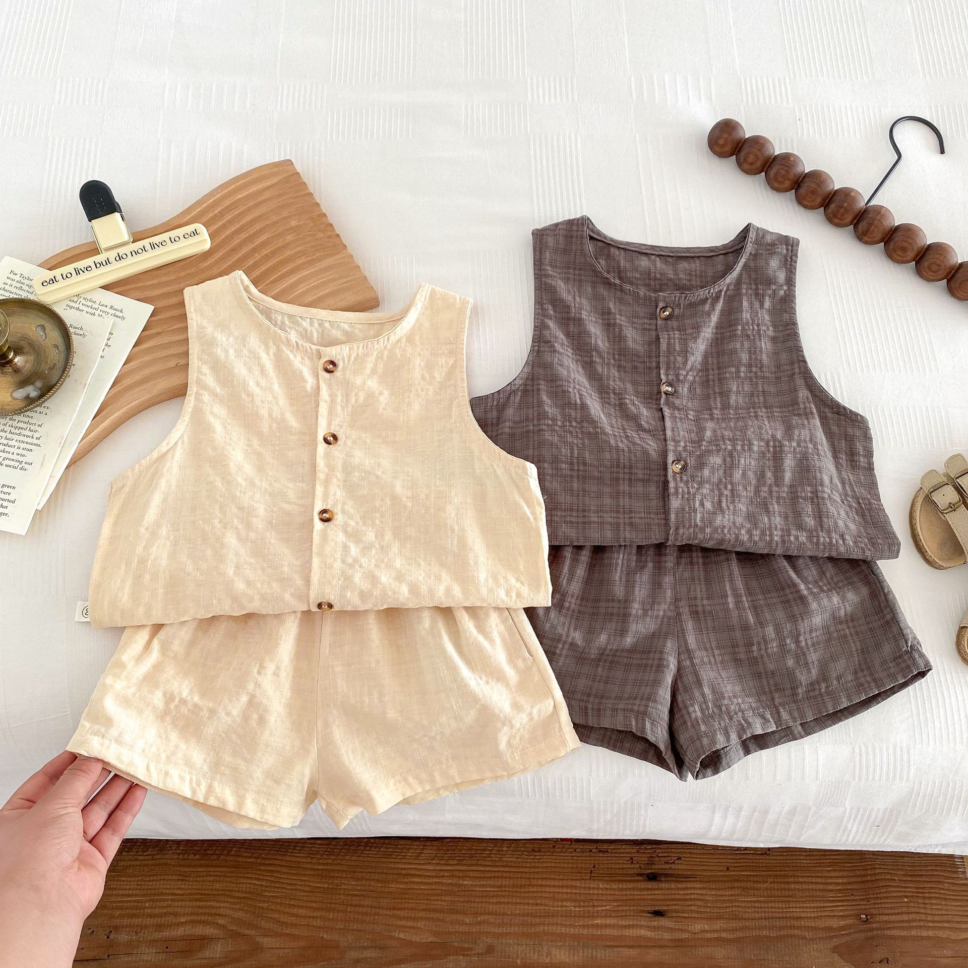 Suit Korean style ins infant children's clothing origin Plaid casual short sleeve suit boys and girls baby Summer cotton two-piece set