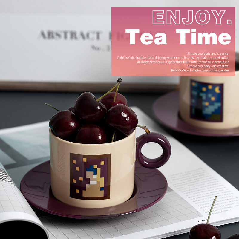 Pixel Painting Artistic Retro Creative Ceramic Coffee Cup and Saucer Set High Color Value Home Cafe Morandi ins