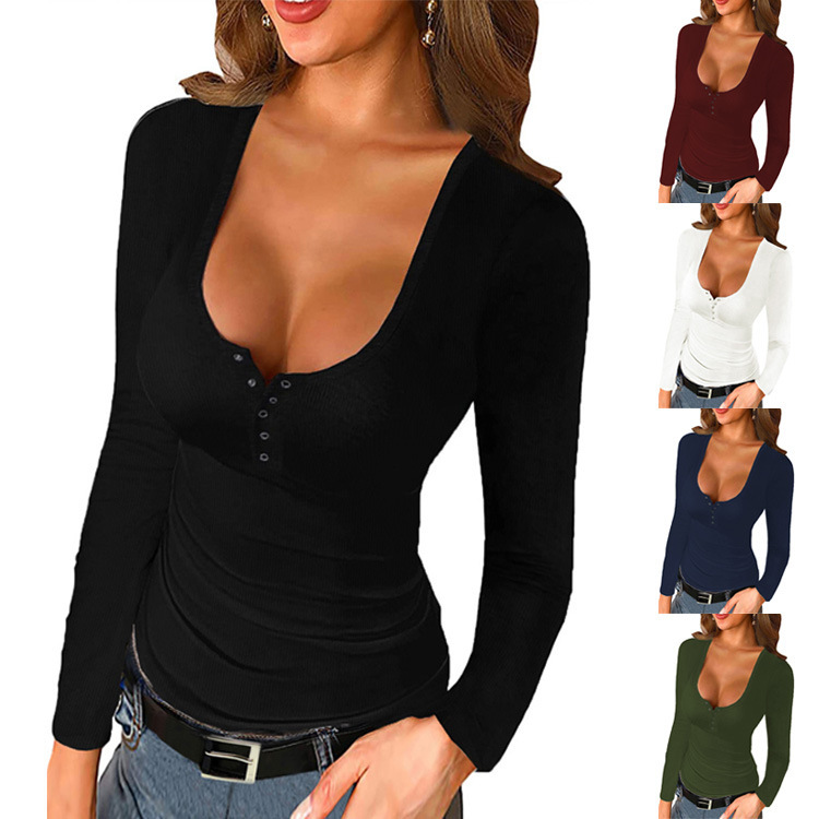  European and American spring solid color tight-fitting bottoming shirt Amazon solid color U-neck threaded long-sleeved inner top for women