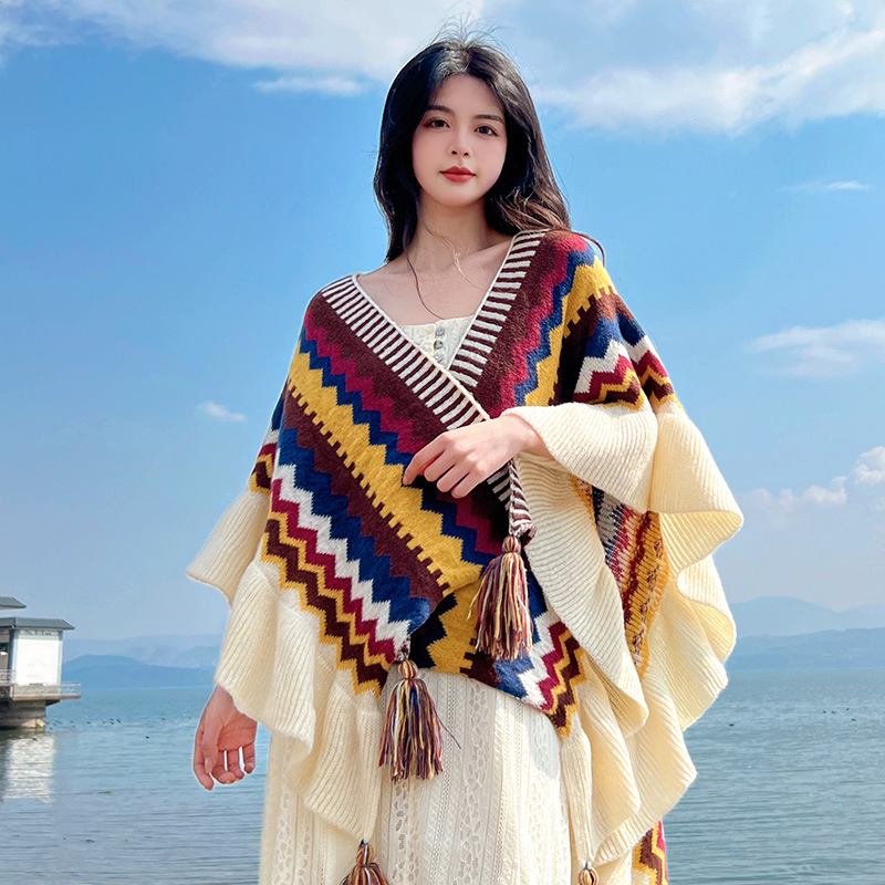 民族風木耳邊流蘇披肩女時尚旅遊外搭異域斗篷披風新款復古毛毯