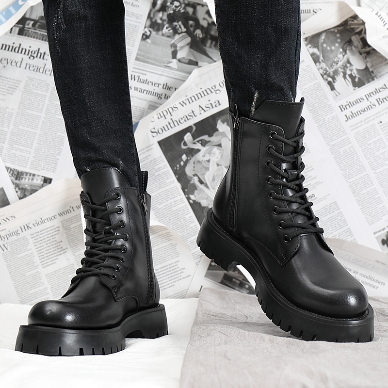 Trendy Brand Soft Leather Martin Boots Men's High-top British-style Mid-top Leather Shoes Men's Boots Winter Thick-soled fleece-lined Warm Cotton Shoes