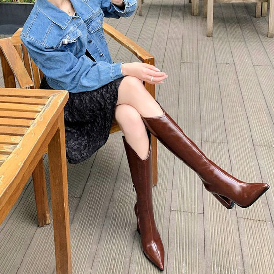 Women's knee-length boots, pointed toe chunky heel riding boots, Chelsea V-mouth thin boots, autumn and winter 2023