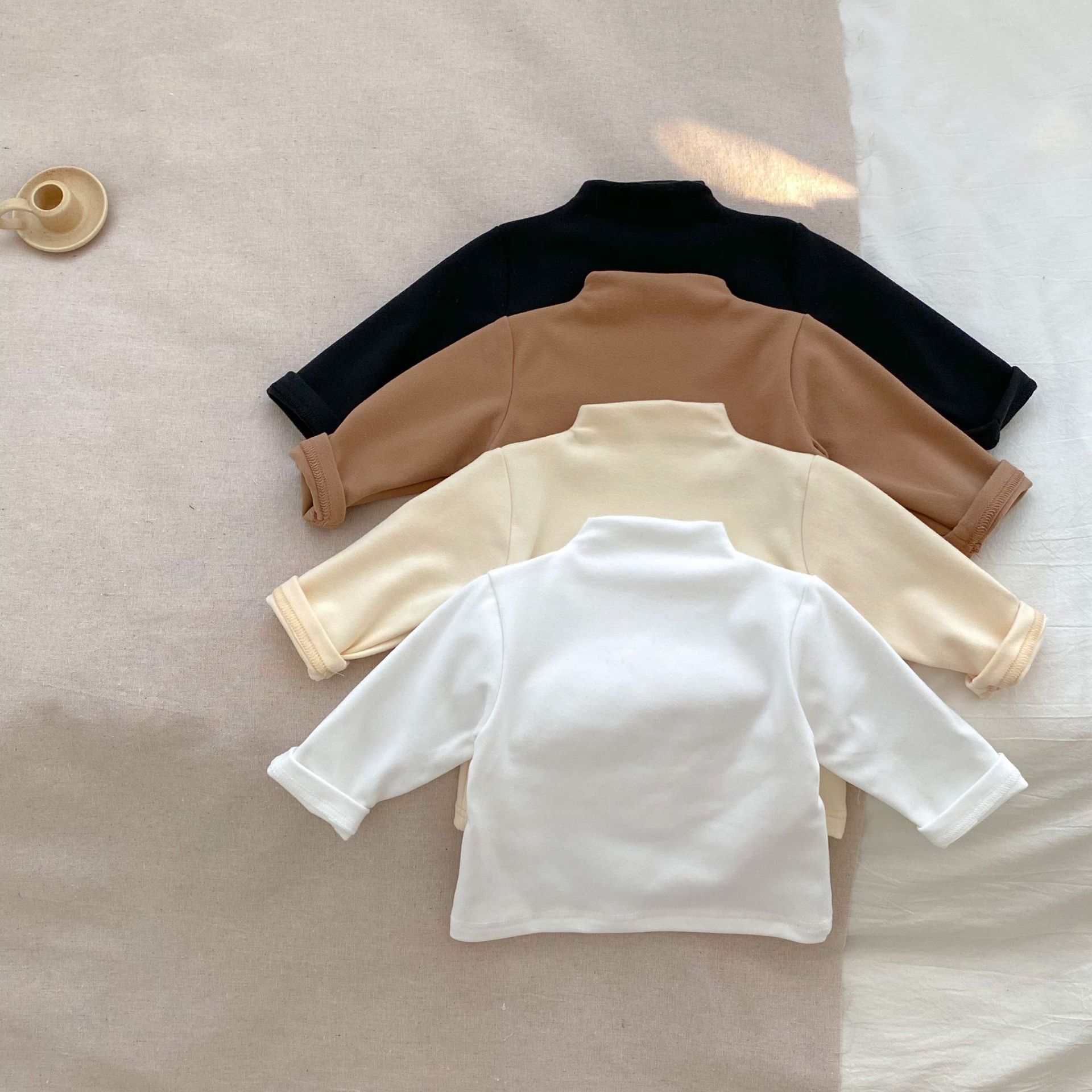 2023 Autumn New Boys and Girls Baby Simple Half High Collar Top Solid Color All-match Long Sleeve T-shirt Elastic Base Shirt