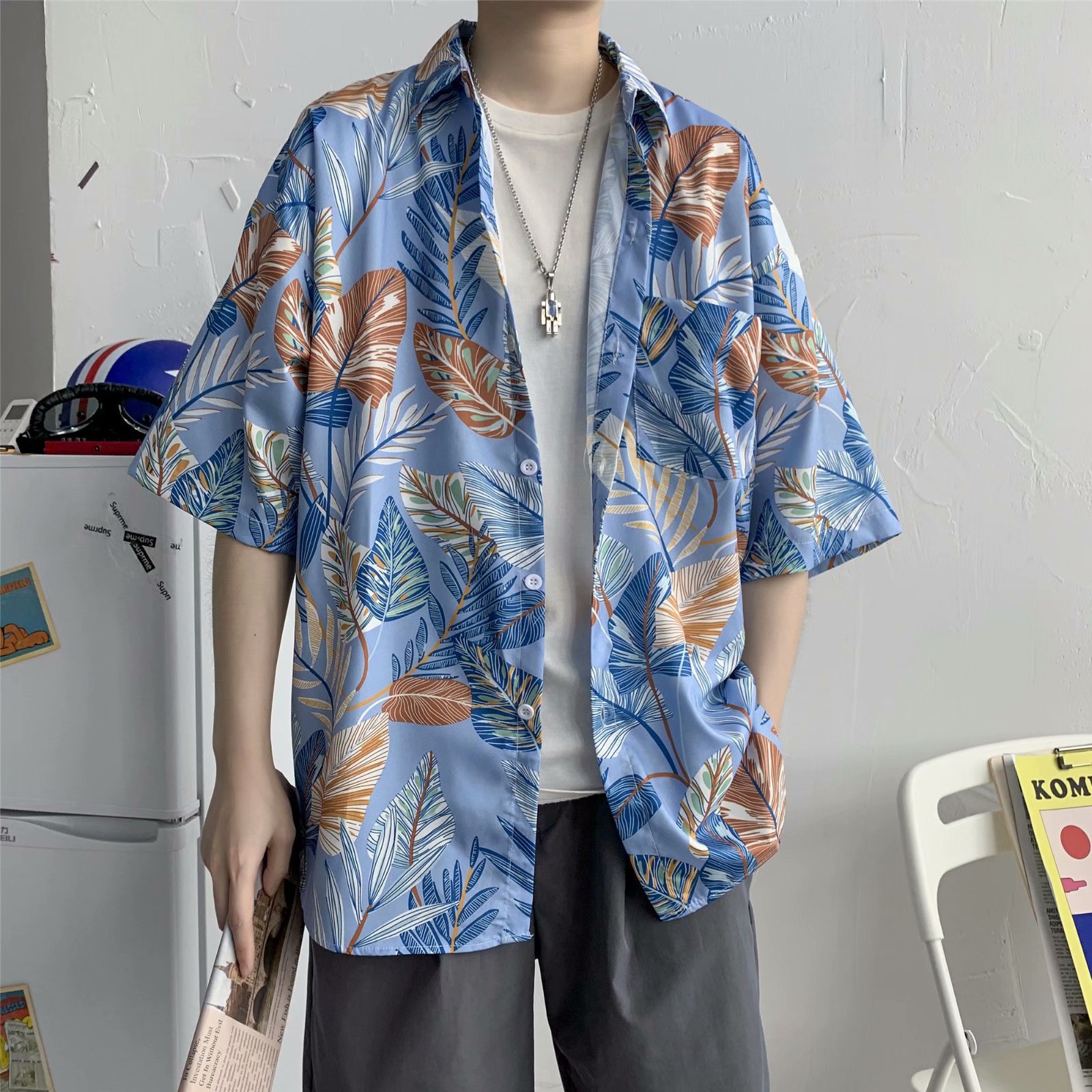 ulzzang Hawaiian men's floral shirt Hong Kong style vintage Beach seaside floral couple's floral shirt short sleeve men