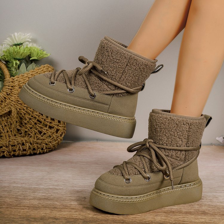 Plus-size chunky-soled, cross-strap snow boots—autumn/winter thickened mid-calf style, offering warmth—women's footwear