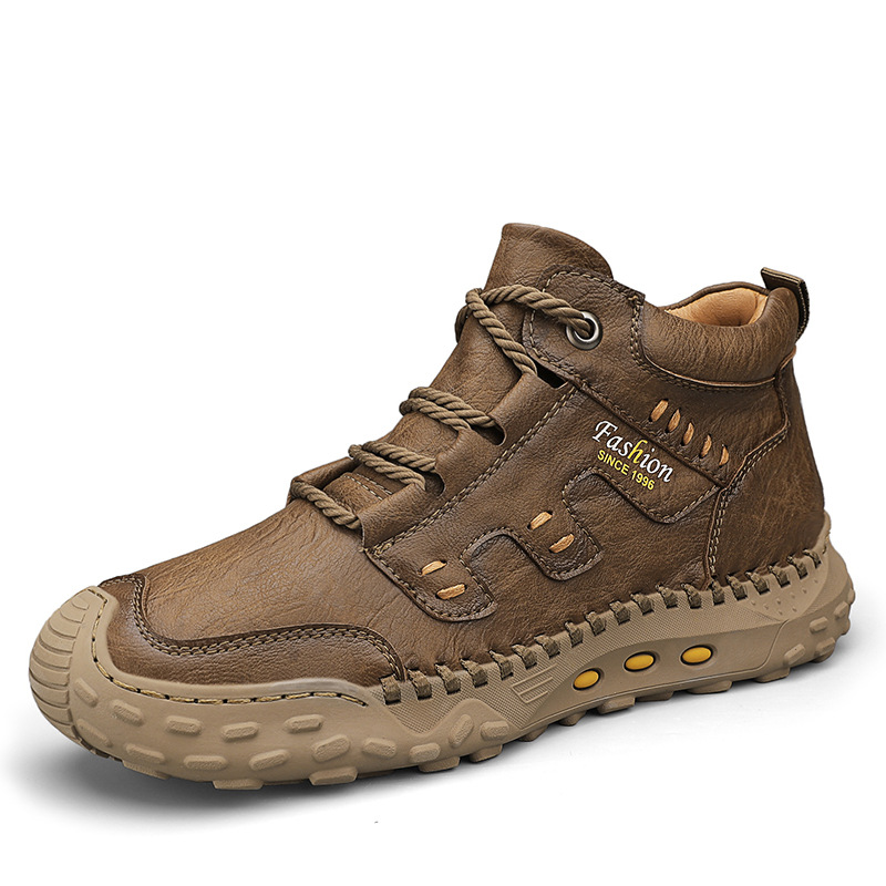 Autumn and Winter high-top casual men's shoes fleece-lined warm men's leather boots hand-stitched cross-border plus size workwear men's boots