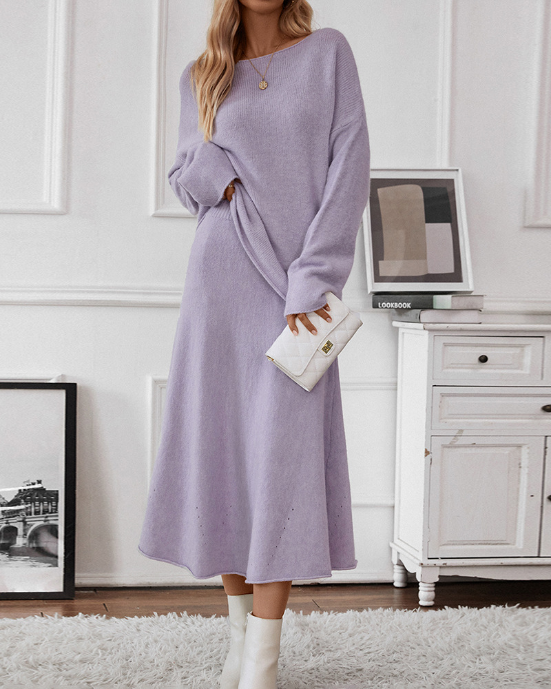 2024 autumn and winter New European and American style elegant knitted suit women's off-shoulder sweater top elastic waist fishtail skirt_voghion.com