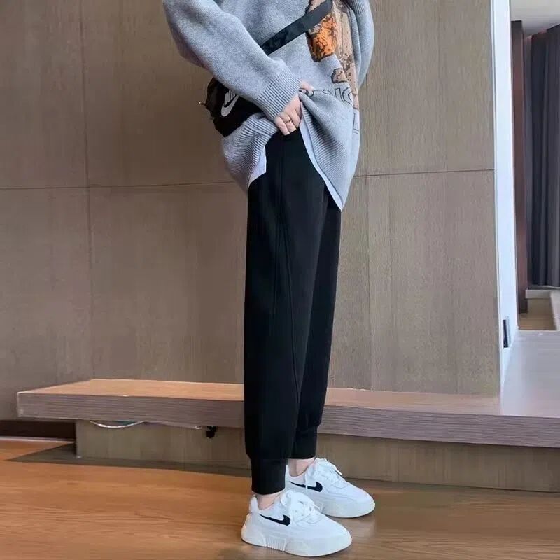 Fleece-lined Thickened Grey Sports Pants Women's Autumn and Winter Straight Loose Tunic Pants Casual All-match Outer Wearing Warm Sweatpants