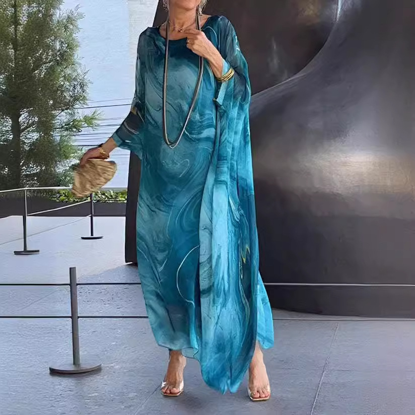 2024 summer new product_European and American cross-border independent station elegant commuter chiffon printed dress marble texture