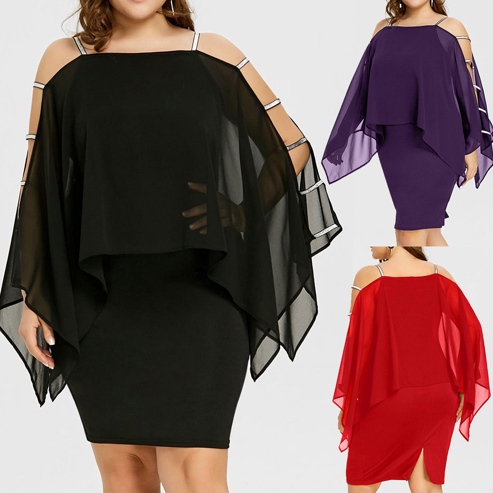 2022 Amazon AliExpress Hot Sale Plus Size Solid Color Off-shoulder Irregular Chiffon Dress