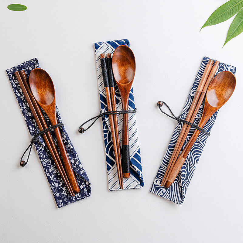 Japanese Style Internet Celebrity Western-style Gift Tableware Wooden Spoon New Style Wrapped Chopsticks Creative Portable Spoon Chopsticks Fork Three-piece Set