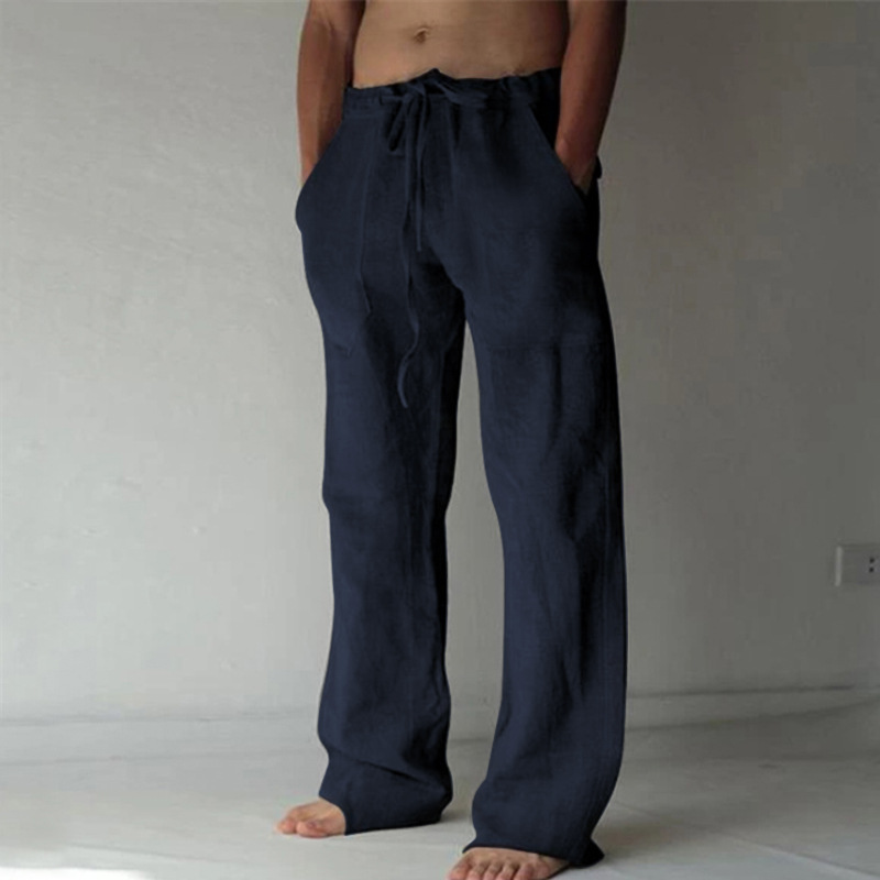 2024 cross-border new men's trousers cotton and linen casual solid color thin linen loose men's pants elastic waist tether