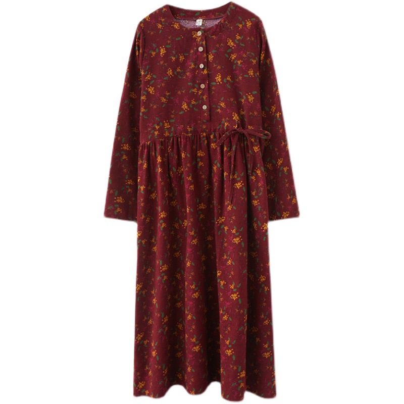 Artistic Retro Floral Cotton Linen Long-sleeved Dress Autumn Tight Waist Lace-up Loose Slimming Large Swing Base Long Dress for Women