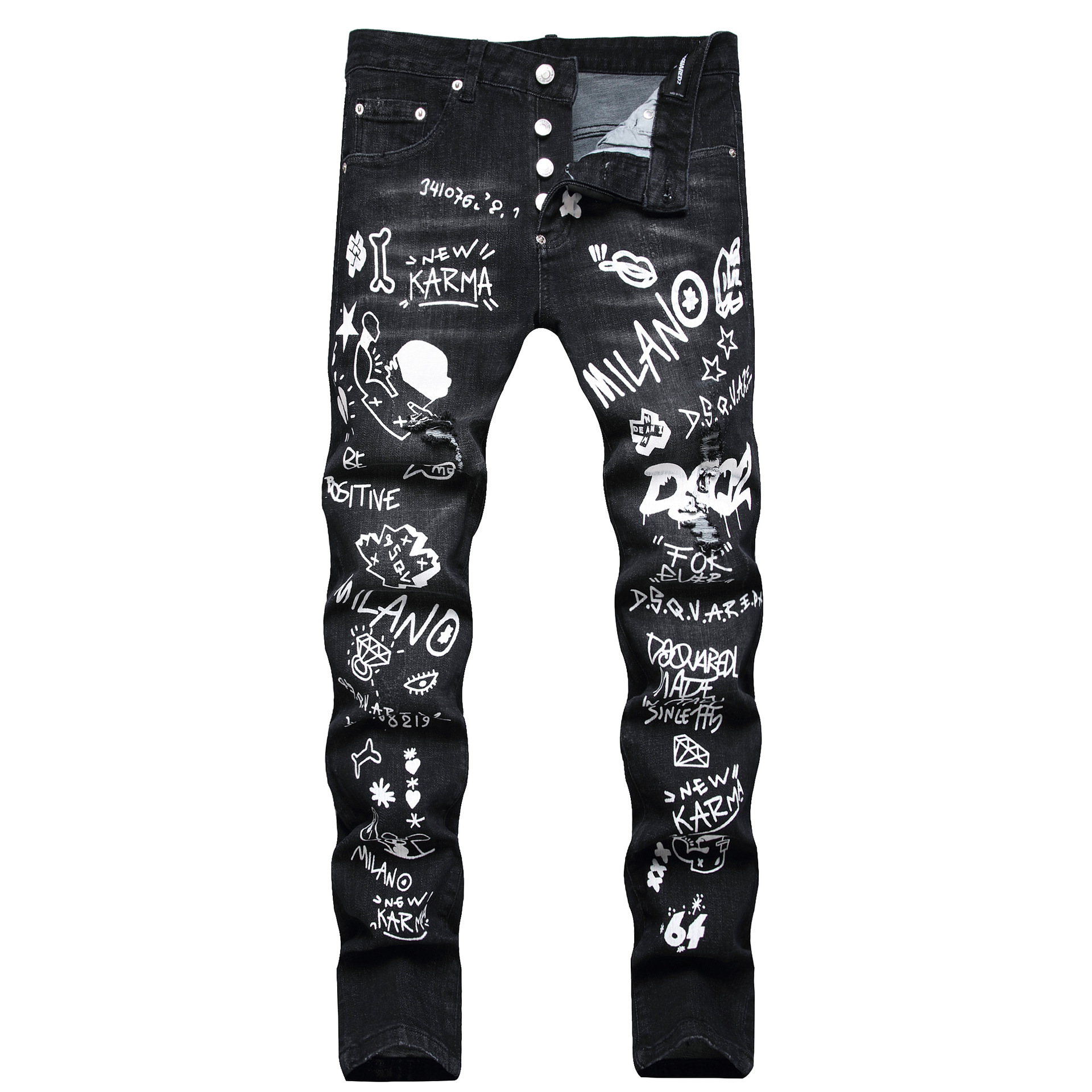 European, American and Italian Fashion Brand Black Stretch Ripped Digital Printing Button Placket Slim-fit Small Straight Jeans for Men