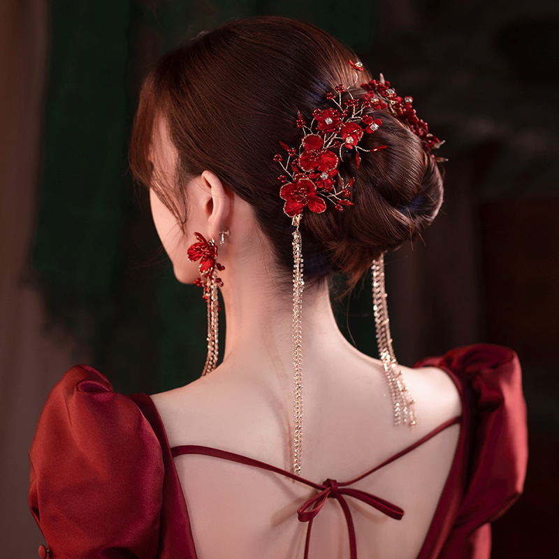 Korean-style handmade tassel hair bridal headdress red toasting clothes hair accessories modeling design studio Xiuhe accessories