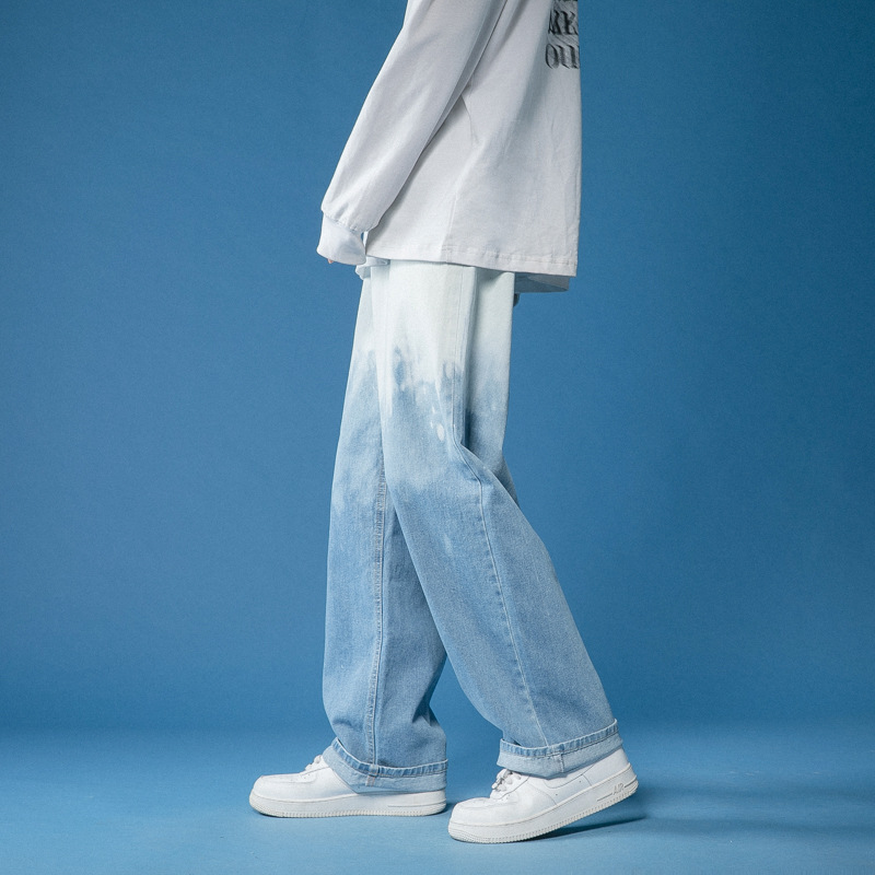 Tie-Dye Gradient Color Jeans Men's Summer Trendy Hong Kong Style Casual Pants Korean Style Trendy Brand Pendant Wide Leg Pants