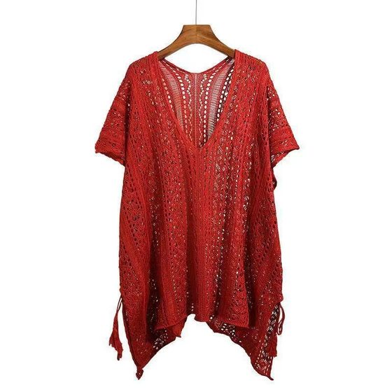 Summer Women's Cross-border Pure Desire Hollow-out Lace-up V-neck Knitted Top Lazy Western Style Mid-length Bat Sleeve Blouse