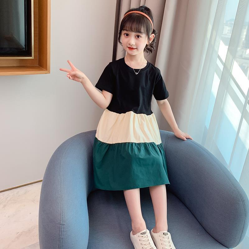 2023 New Summer Girls Dress Splicing Skirt Big Children Summer Western Style Fairy Short Sleeve Girl Princess Dress Trendy