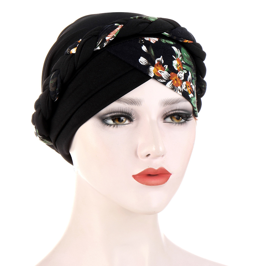 Amazon Floral Cloth Stitching Braids Multicolor Soft Tape Hat Muslim Chemotherapy Cap Cross Border