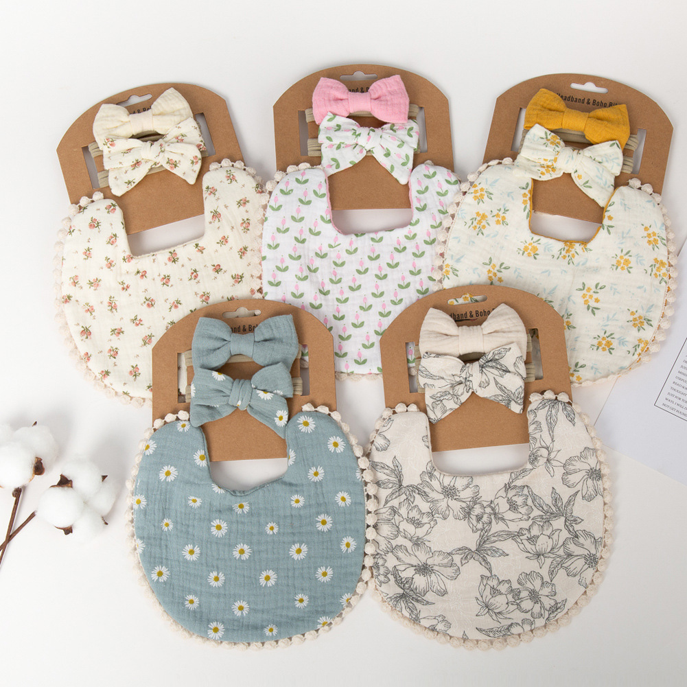 Cross-border new baby printed bib double-layer gauze baby cotton bib children bow headband suit