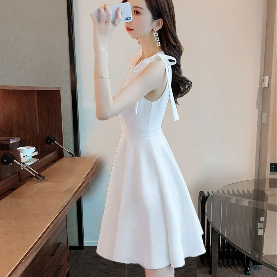 2023 new summer white small fairy dress Super fairy off-shoulder waist dress mid-length women's dress