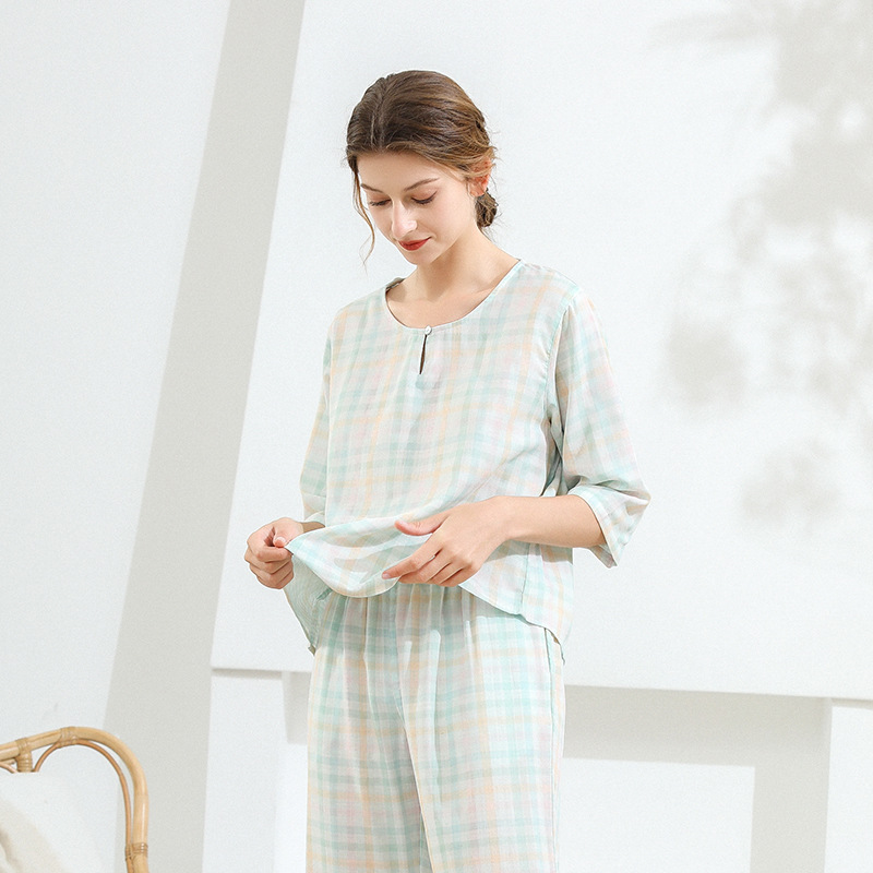 2024 Spring New Cotton Double Gauze Women's Thin Seven-Sleeve Pajamas Plaid Set Casual Comfortable Home Clothes