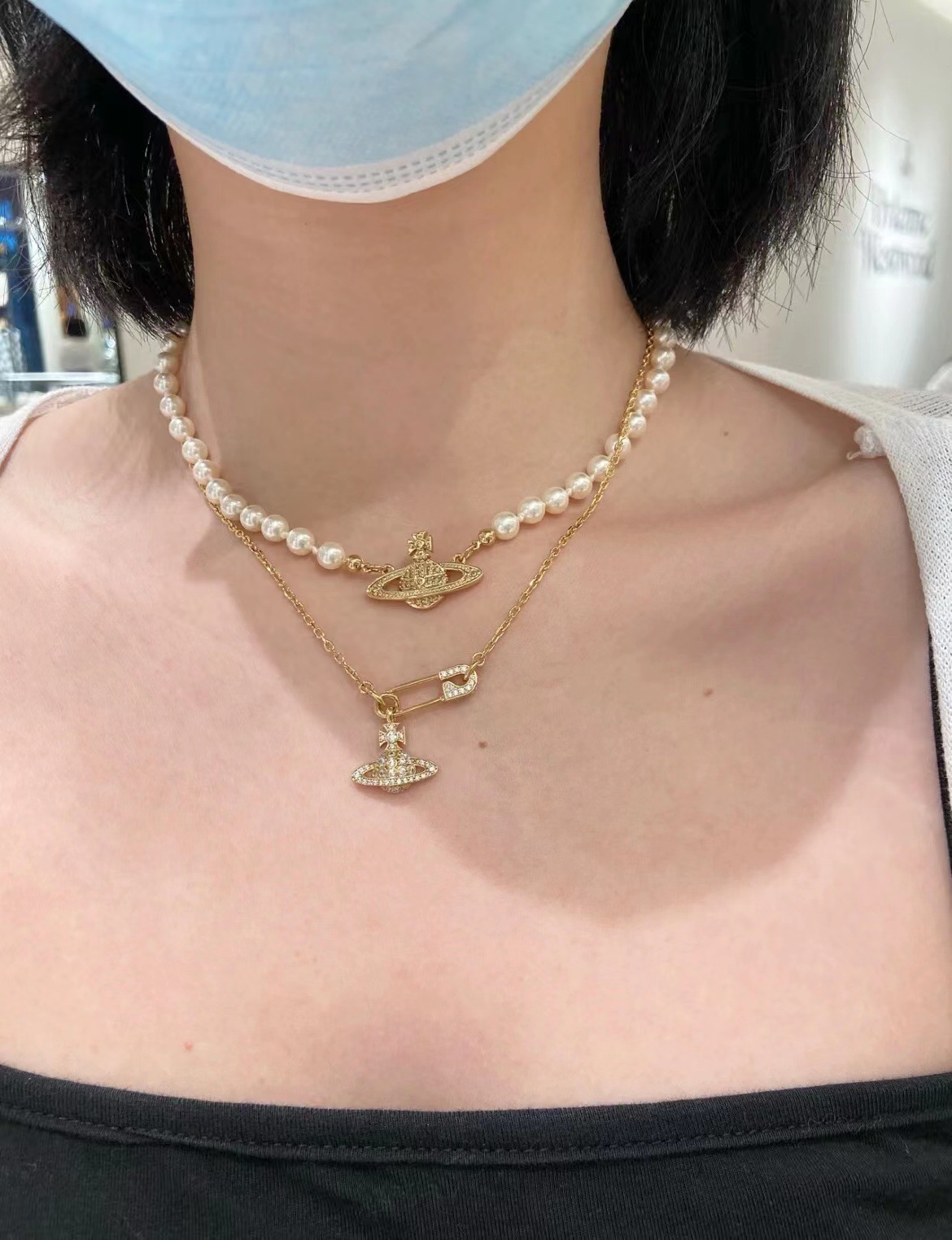 Queen Mother of the West weiwei'an vivienne full diamond pin chain Saturn necklace high-grade clavicle chain high-grade
