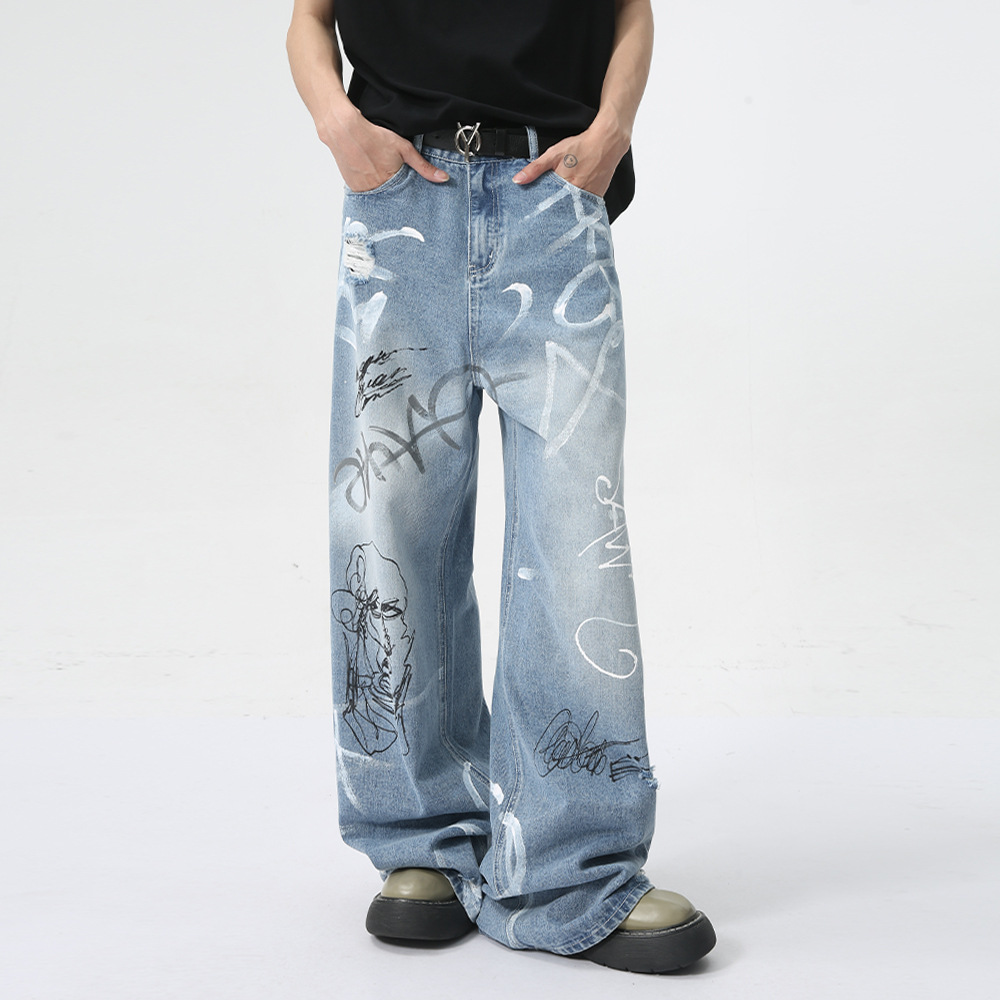MTLCLOTHES men's | 2024 summer new beauty tide street graffiti fun straight tube jeans tide
