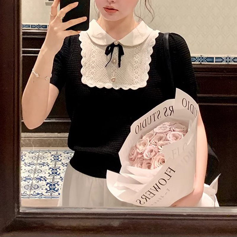 2024 Summer New French KniTwear ShorT-sleeved T-shirT Women's Doll Collar Bow Top SweeT Age ReducTion