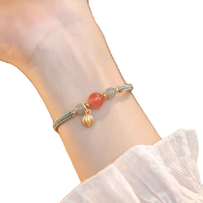 Design South Red Agate Niche Bracelet Chinese Style Adjustable Woven Hand Rope Fortune Gift for Women
