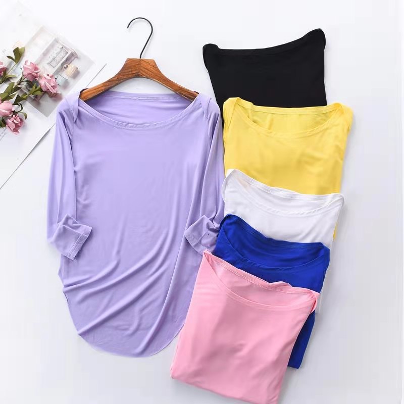 Fitness T-shirt Women's Stretch Breathable Sports Yoga Running Seven Sleeve Arc Hem Training Dance One-word Top