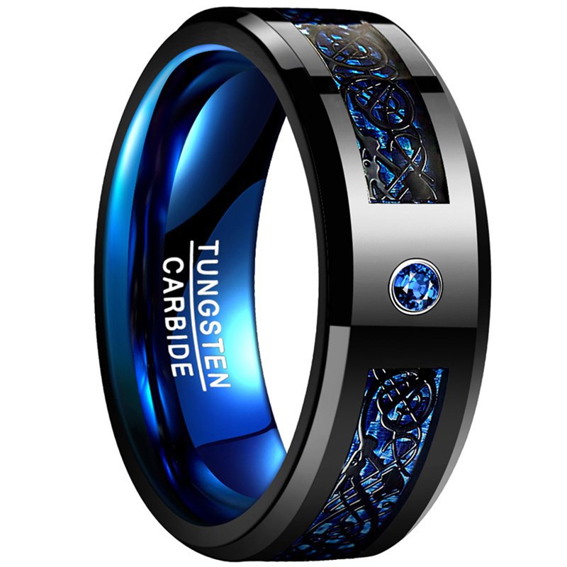 Tungsten steel ring with black dragon blue red and green carbon fiber men's tungsten steel ring spot a generation of hair