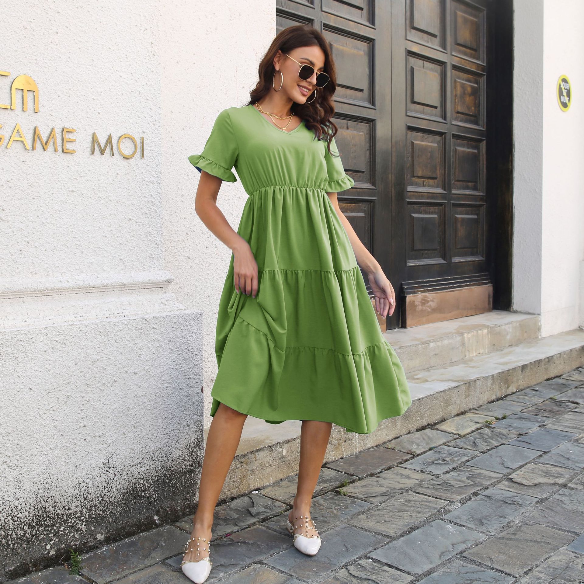Ruffled Dress Short-sleeved V-neck Layered Large Skirt Women's Chiffon Summer New Amazon European and American Cross-border Women's Clothing