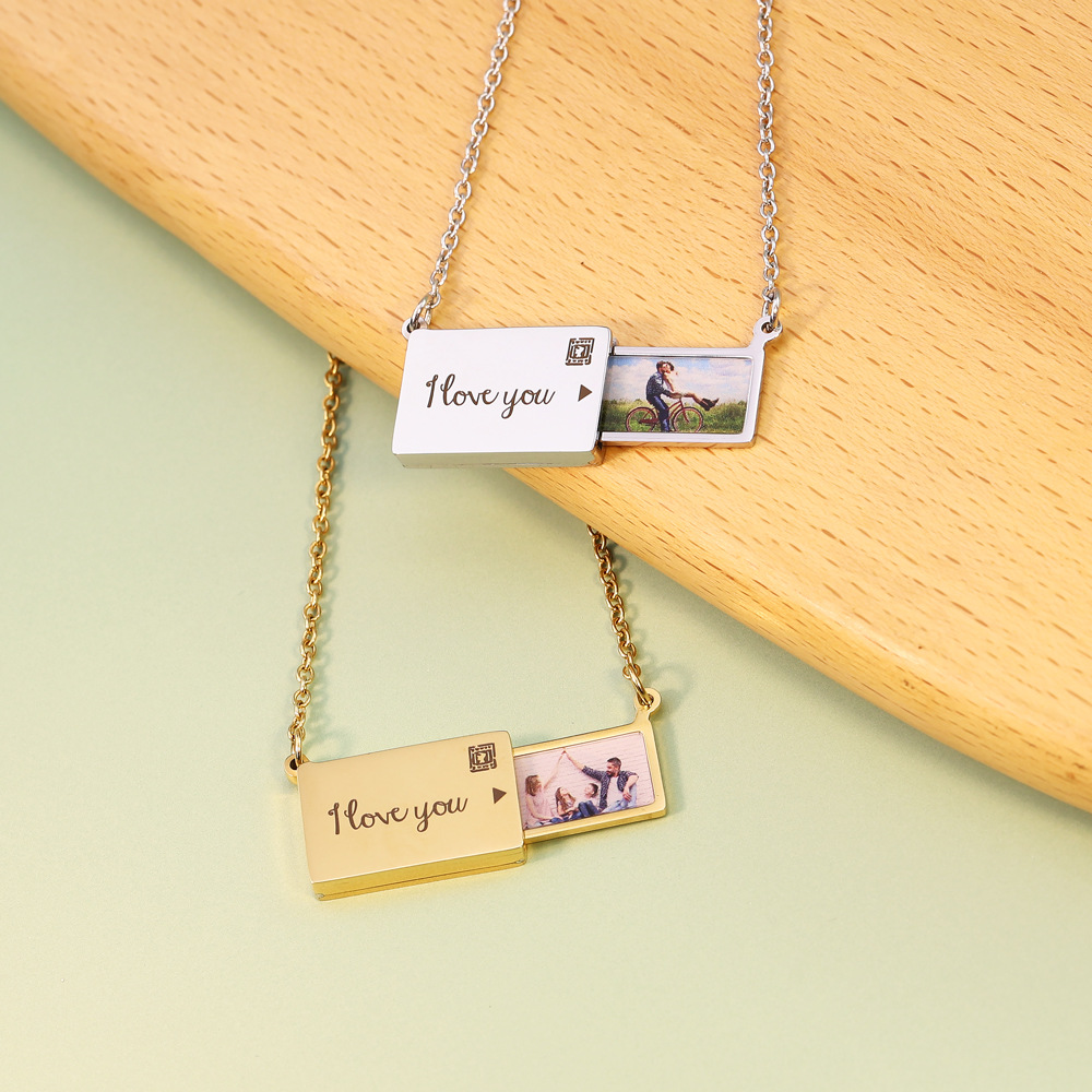 European and American necklaces cross-border photo envelope necklace English fashion jewelry gift stainless steel clavicle chain pendant wholesale