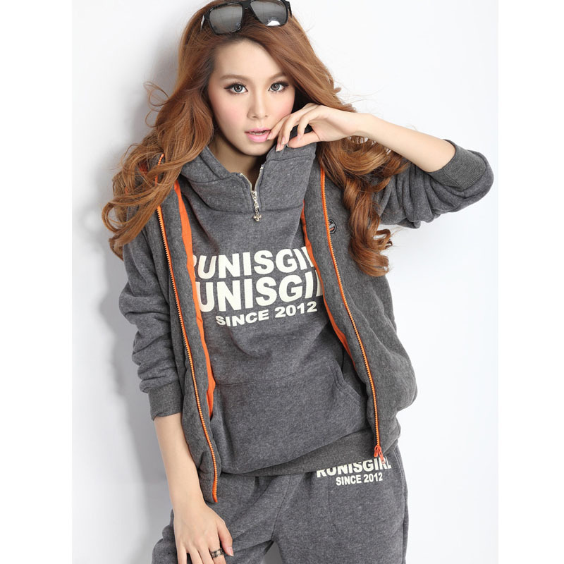 Cross-border European and American Women's 2022 Winter Velvet Gray Sports Casual Suit Large Size Fashion Hooded Sweatpants