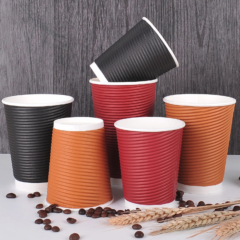 Disposable Coffee Cup Thickened 16oz Yellow Vertical Corrugated Double Layer Paper Cup Amazon Packed Hot Milk Tea Cup