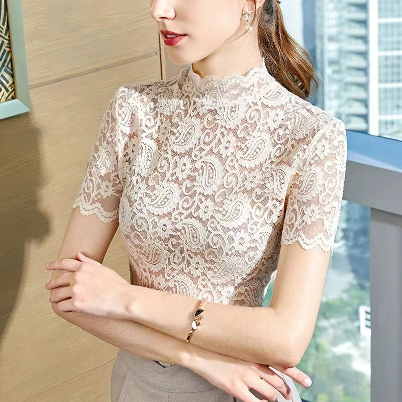 2024 Cashew Flower Inner Short-sleeved T-shirt Hollow Lace Collar Top Women's Lace Shirt