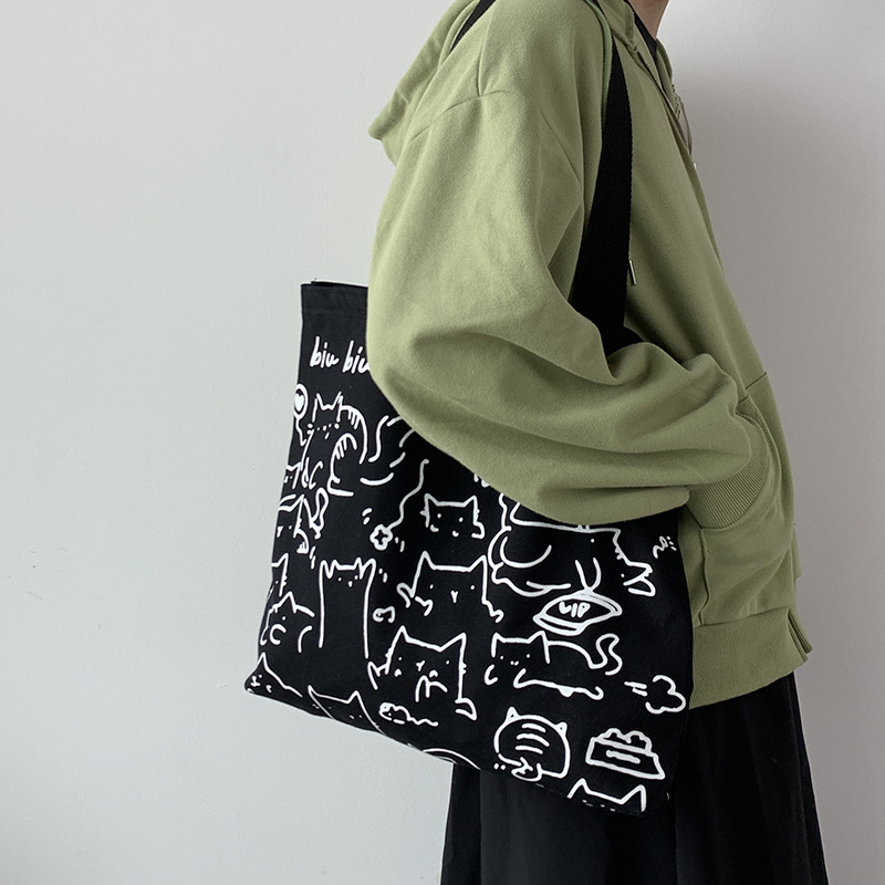 2024 Art Design Carino Animale Dipinto a Mano Illustrazione Borsa a Tracolla Borsa da Scuola Borsa Artistica Retro Grande Capacità Borsa in Tela Donna_voghion.com