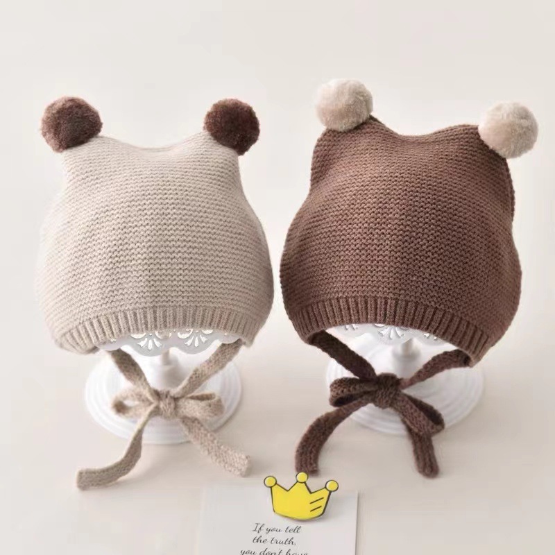 INS Children's Solid Color Double Ball Cute Knitted Wool Hat Baby Ear Protection Autumn and Winter Warm Hat Baby Hat Cute
