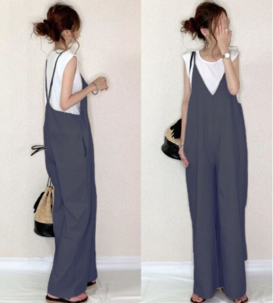 Cross-border Trade Jumpsuit 2024 Summer New Japanese Women's Sling Pants Solid Color Casual Loose Wide-leg Pants