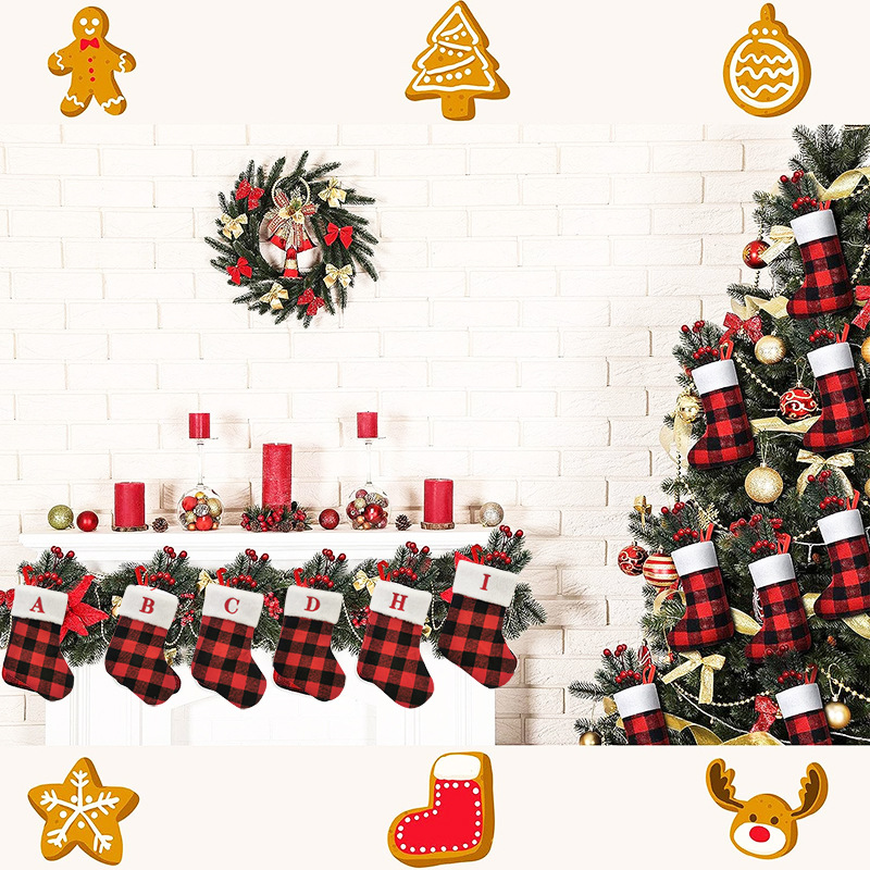 Cross-border new Christmas socks Christmas gift bag pendant red and black plaid letter socks Christmas supplies wholesale