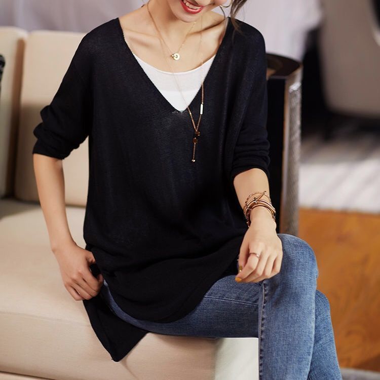 Factory direct supply  spring new large size splicing fake two-piece mid-length T-shirt loose slimming long-sleeved women