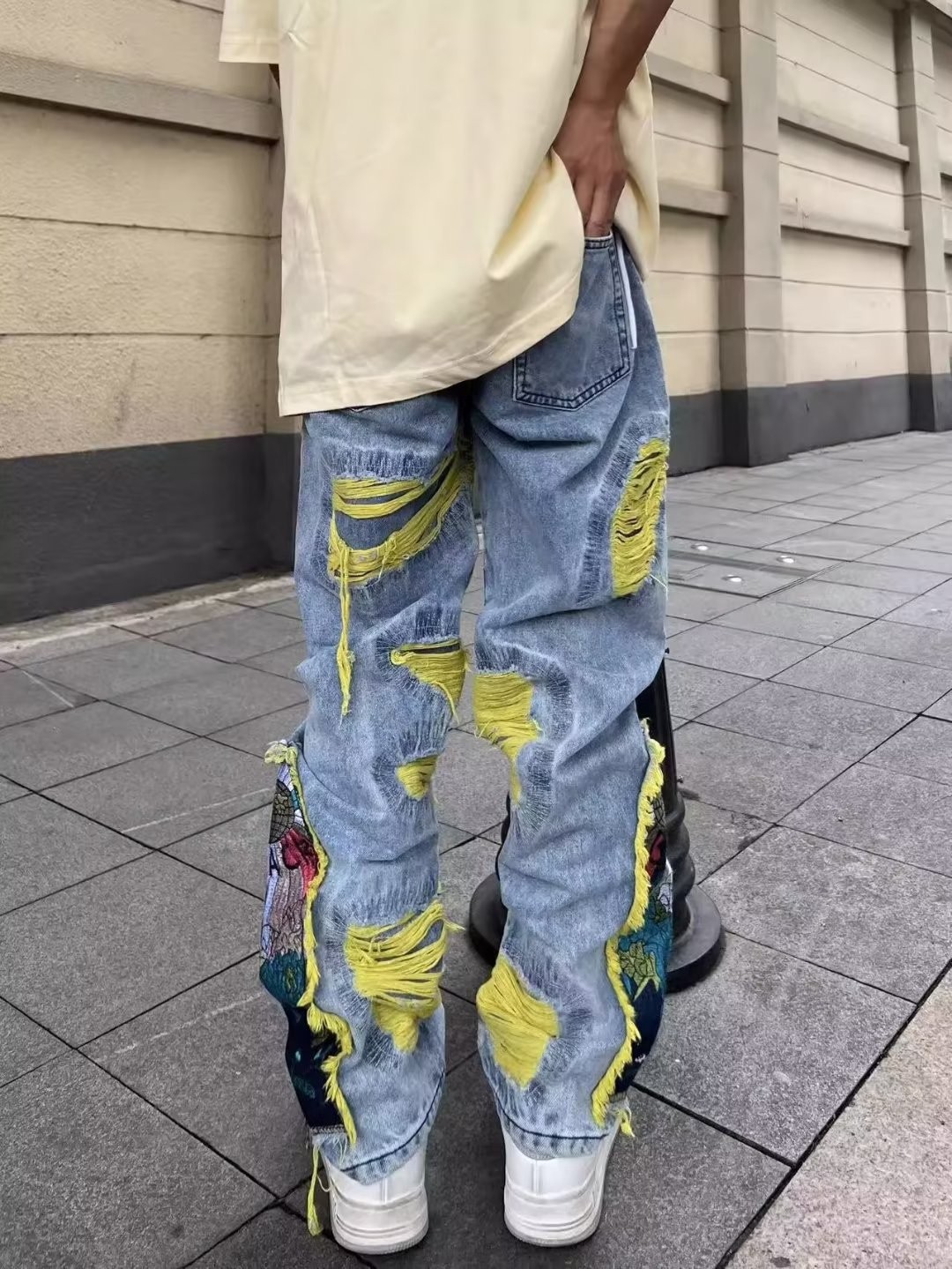 American Style Hong Kong Style Original American Style Street Heavy Embroidered Ripped Jeans Men's 2023 New Long Pants