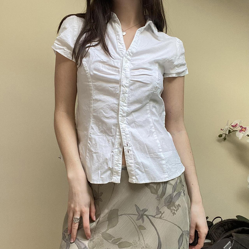 ins American Style Light Mature Niche Design Pleated Lapel Waistband Solid Color Short-sleeved Slim-fit Commuter Shirt for Women