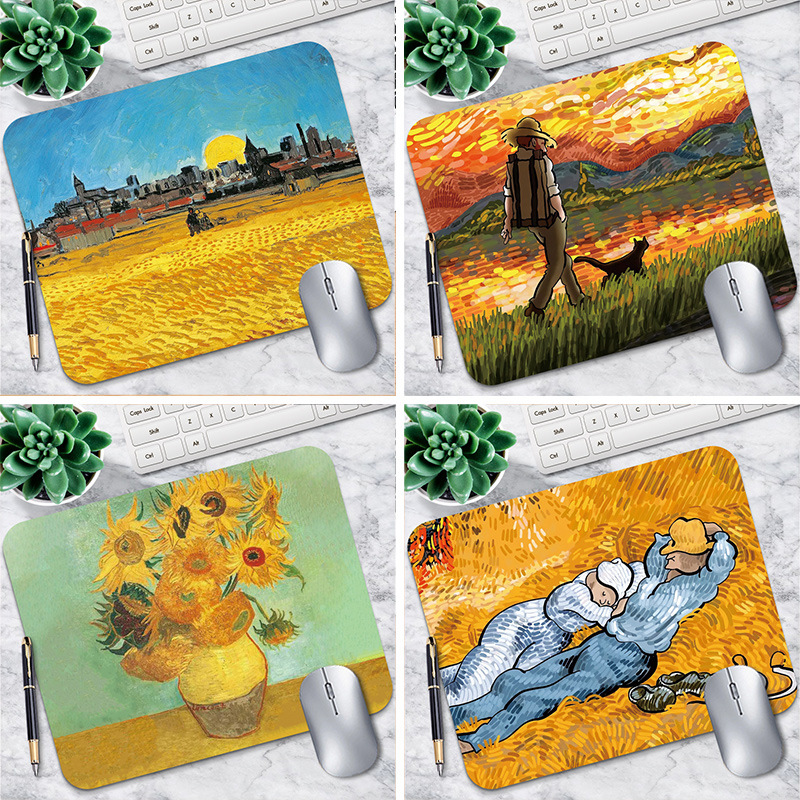 Mouse pad small lock edge rubber text Van Gogh oil painting notebook computer thickened Office spot factory direct sales
