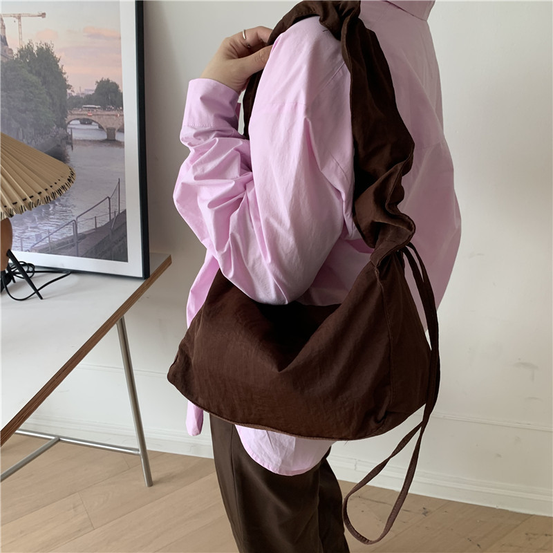 Canvas Bag Women's Korean-style Single-shoulder Pleated Drawstring Canvas Bag Small Fresh Artistic Solid Color Portable Crossbody Casual Women's Bag_voghion.com