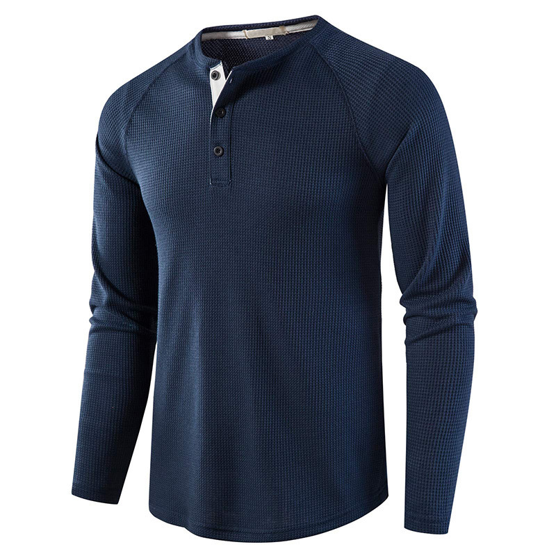 2023 Autumn and Winter Cross-border Foreign Trade Men's Solid Color Waffle Henry Shirt European and American Men's Wear Long Sleeve T-shirt Wholesale