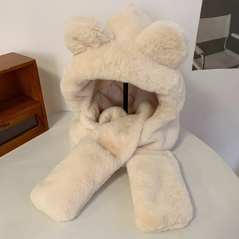 Winter Cute Plush Big Ears Bear Hat High Color Value Thickened Warm Scarf Gloves Three-piece Outdoor Winter Hat
