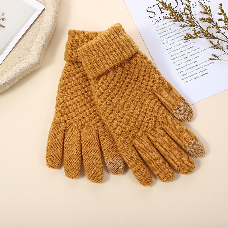 Touch screen gloves knitted jacquard pineapple gloves thickened warm finger men and women foldable non-slip gloves wholesale_voghion.com